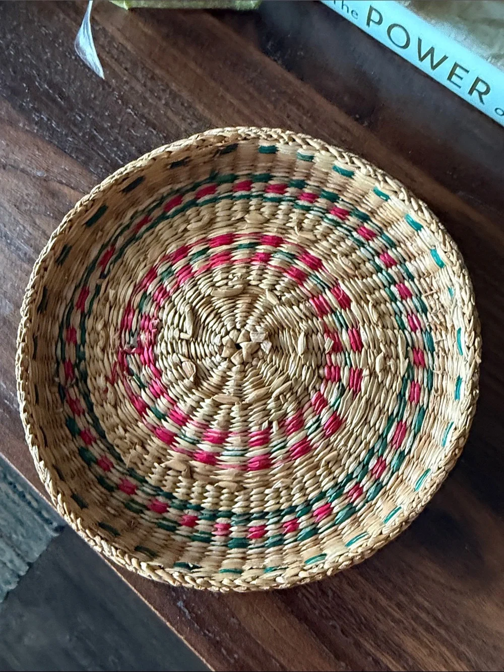 Handwoven Natural Straw Small Storage Basket with Red and Teal Boho Rustic
